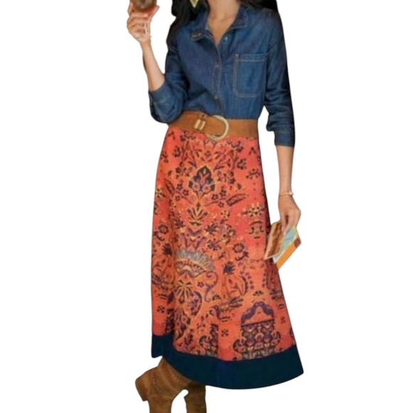 Soft Surroundings Baroque Print Velvet Hem Midi Stretch Waist Skirt - Picture 4 of 10